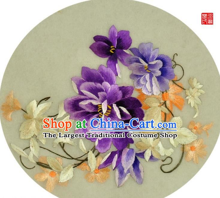 Traditional Chinese Embroidered Purple Peony Decorative Painting Hand Embroidery Silk Round Wall Picture Craft