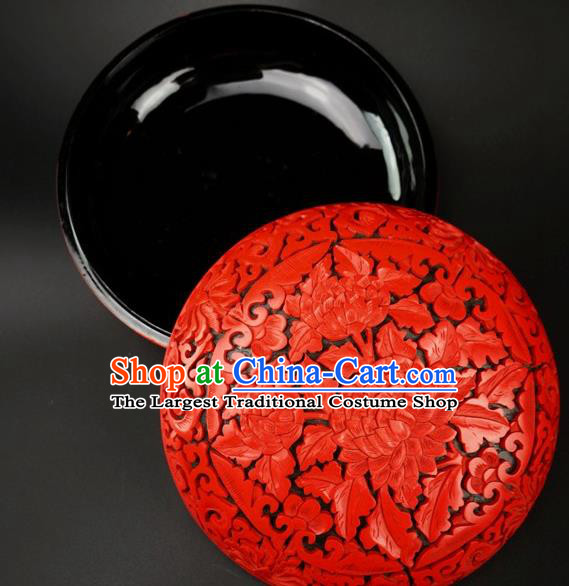 Traditional Chinese Carving Peony Flowers Lacquerware Hand Red Rouge Box Craft