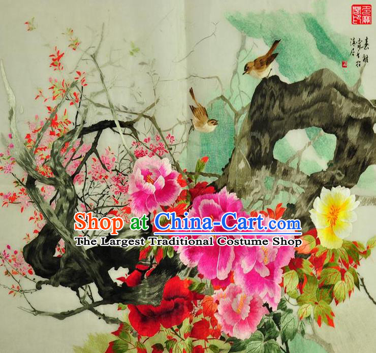 Traditional Chinese Embroidered Flowers Bird Decorative Painting Hand Embroidery Peony Silk Wall Picture Craft