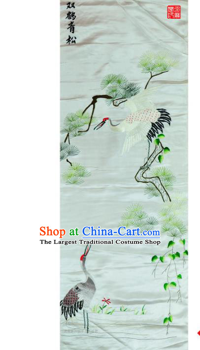 Traditional Chinese Embroidered Double Cranes Decorative Painting Hand Embroidery Pine White Silk Wall Picture Craft