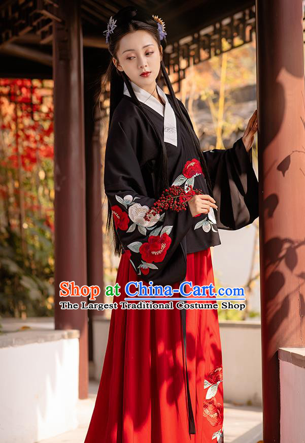 Chinese Ming Dynasty Princess Costumes Traditional Ancient Noble Lady Garment Hanfu Embroidered Black Blouse and Red Skirt Full Set