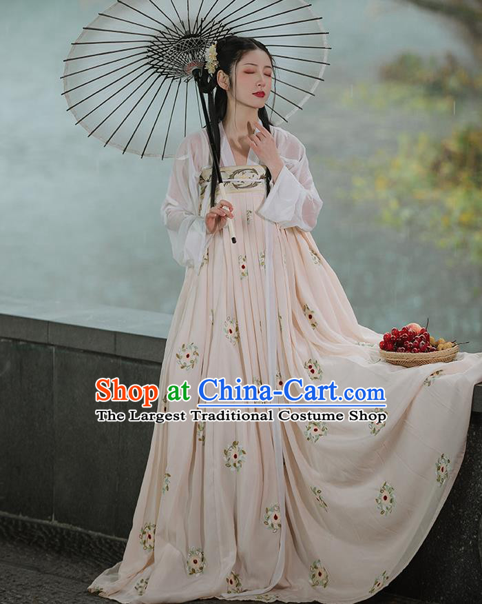 Chinese Traditional Tang Dynasty Princess Costumes Ancient Noble Lady Garment Hanfu Blouse and Apricot Dress Complete Set