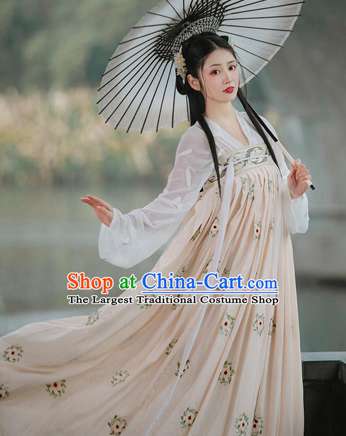 Chinese Traditional Tang Dynasty Princess Costumes Ancient Noble Lady Garment Hanfu Blouse and Apricot Dress Complete Set
