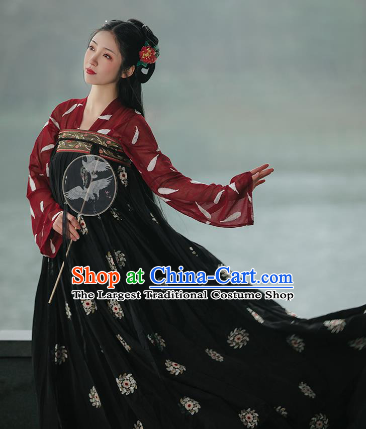 Chinese Traditional Hanfu Red Blouse and Black Dress Ancient Tang Dynasty Princess Garment Costumes Complete Set