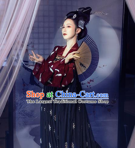 Chinese Traditional Hanfu Red Blouse and Black Dress Ancient Tang Dynasty Princess Garment Costumes Complete Set