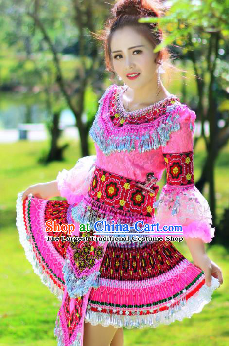 China Miao Ethnic Folk Dance Apparels Minority Stage Performance Costumes Yunnan Nationality Women Pink Short Dress and Headpiece