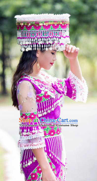 China Miao Ethnic Purple Apparels Minority Stage Performance Costumes Yunnan Nationality Women Long Dress and Headdress