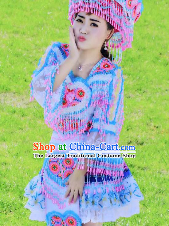 China Yunnan Ethnic Women Short Dress Miao Minority Nationality Costumes Women Folk Dance Apparels with Headpiece