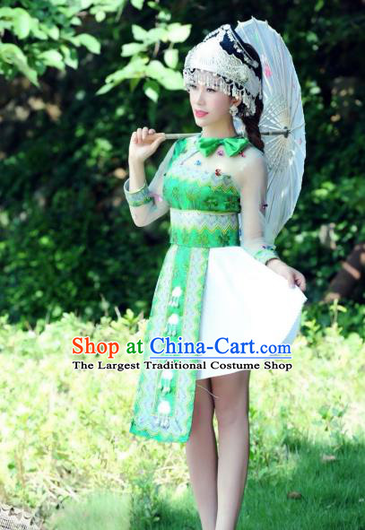 China Guangxi Yao Nationality Folk Dance Apparels Minority Women Clothing Ethnic Green Short Dress and Hat