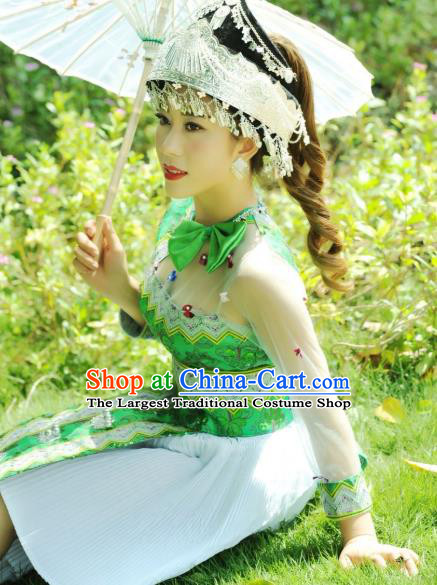 China Guangxi Yao Nationality Folk Dance Apparels Minority Women Clothing Ethnic Green Short Dress and Hat