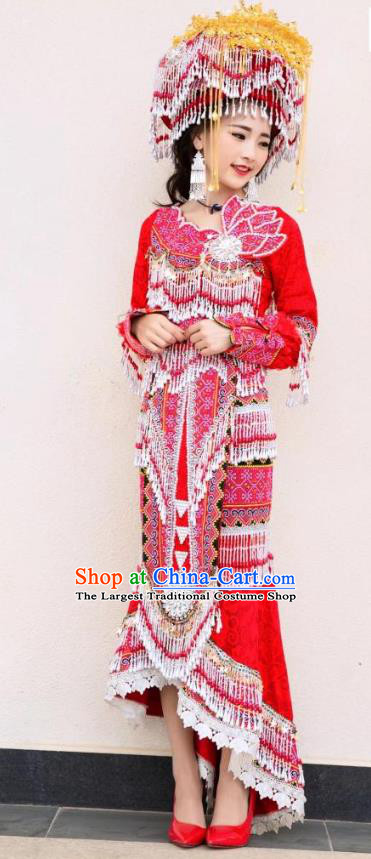 China Ethnic Embroidered Red Dress Miao Minority Wedding Clothing Yunnan Nationality Bride Apparels and Headdress