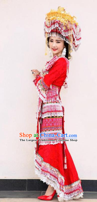 China Ethnic Embroidered Red Dress Miao Minority Wedding Clothing Yunnan Nationality Bride Apparels and Headdress