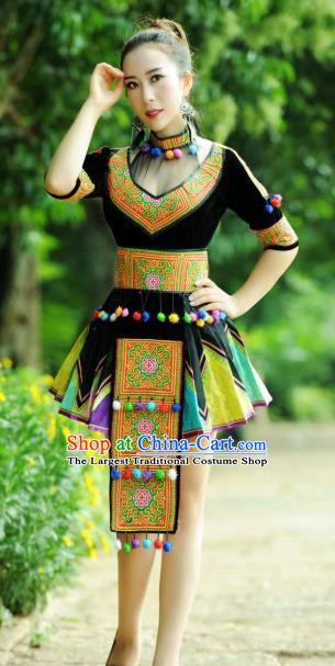 China Nationality Folk Dance Apparels Minority Clothing Ethnic Women Black Velvet Short Dress