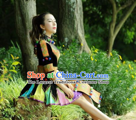 China Nationality Folk Dance Apparels Minority Clothing Ethnic Women Black Velvet Short Dress