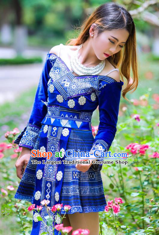 China Yunnan Nationality Royalblue Velvet Blouse and Short Skirt Miao Minority Folk Dance Clothing Wenshan Ethnic Women Apparels