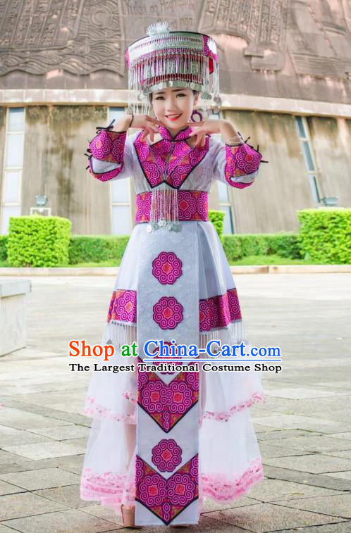 China Yao Ethnic Embroidered White Dress Yunnan Nationality Bride Apparels Miao Minority Wedding Clothing and Hair Accessories