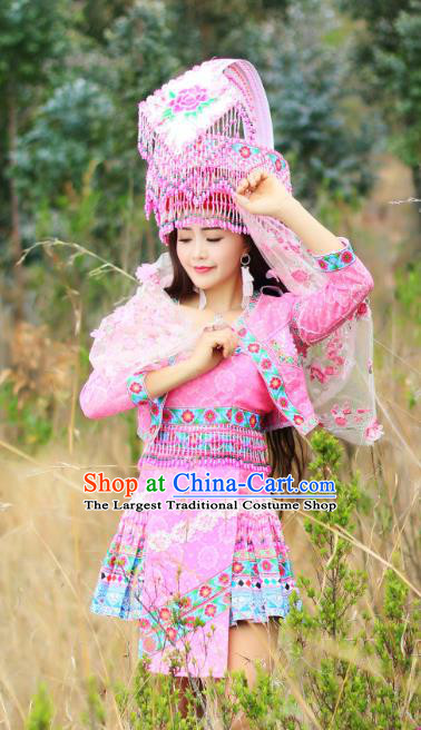 China Nationality Wedding Pink Blouse and Short Skirt Miao Minority Folk Dance Clothing Ethnic Bride Apparels and Headwear