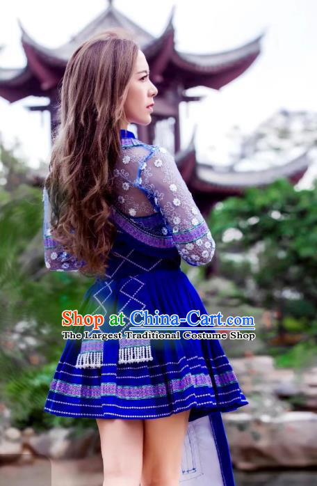 China Miao Nationality Royalblue Velvet Short Dress Minority Folk Dance Clothing Ethnic Women Apparels