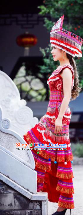 Yunnan Mengzi Ethnic Women Apparels Minority Wedding Red Long Dress China Miao Nationality Clothing and Headwear