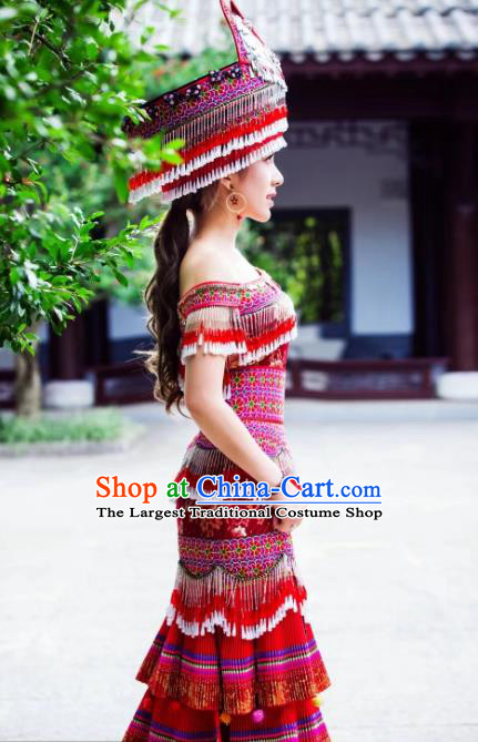 Yunnan Mengzi Ethnic Women Apparels Minority Wedding Red Long Dress China Miao Nationality Clothing and Headwear