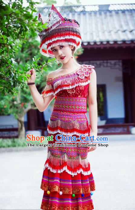 Yunnan Mengzi Ethnic Women Apparels Minority Wedding Red Long Dress China Miao Nationality Clothing and Headwear