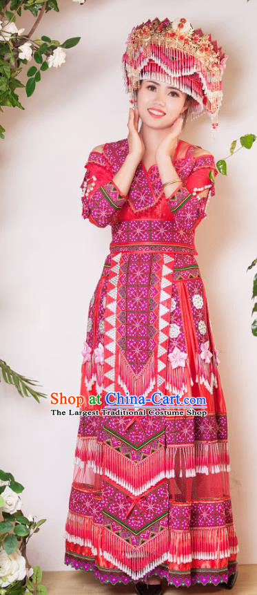 China Yunnan Nationality Bride Apparels Miao Minority Wedding Clothing Yao Ethnic Embroidered Red Dress and Hair Accessories
