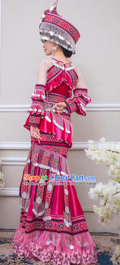 China Guizhou Nationality Bride Apparels Miao Minority Wedding Clothing Ethnic Embroidered Rosy Velvet Long Dress and Headwear