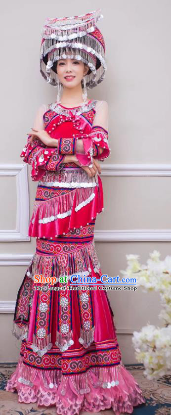 China Guizhou Nationality Bride Apparels Miao Minority Wedding Clothing Ethnic Embroidered Rosy Velvet Long Dress and Headwear