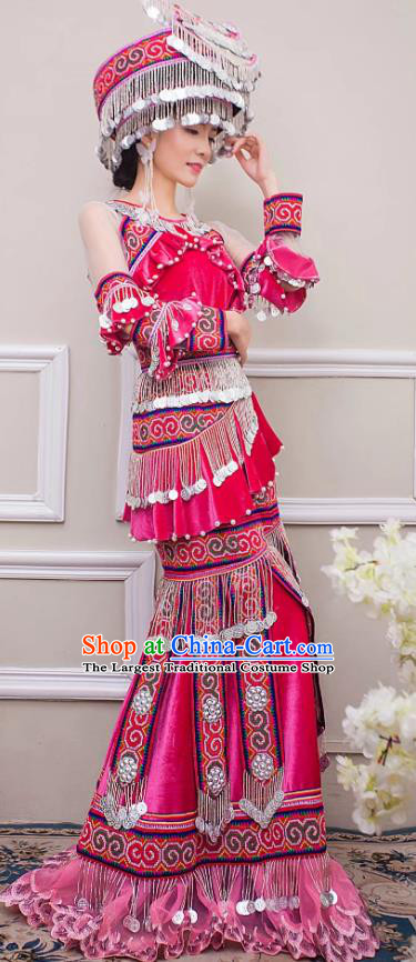 China Guizhou Nationality Bride Apparels Miao Minority Wedding Clothing Ethnic Embroidered Rosy Velvet Long Dress and Headwear