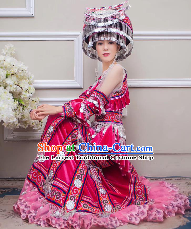 China Guizhou Nationality Bride Apparels Miao Minority Wedding Clothing Ethnic Embroidered Rosy Velvet Long Dress and Headwear