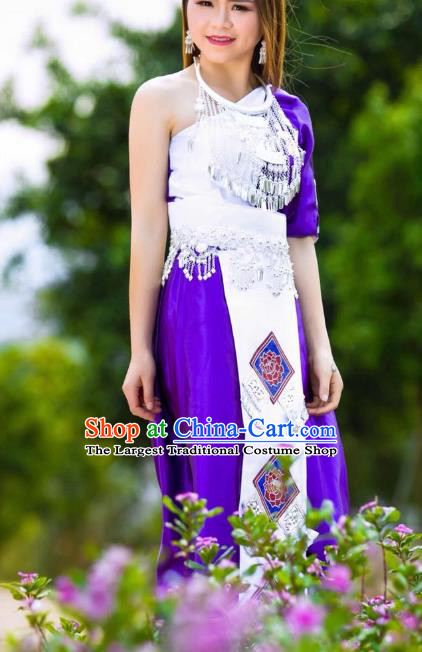 Top Grade Miao Ethnic Female Apparels Minority Folk Dance Clothing China Nationality Purple Long Dress with Headpiece