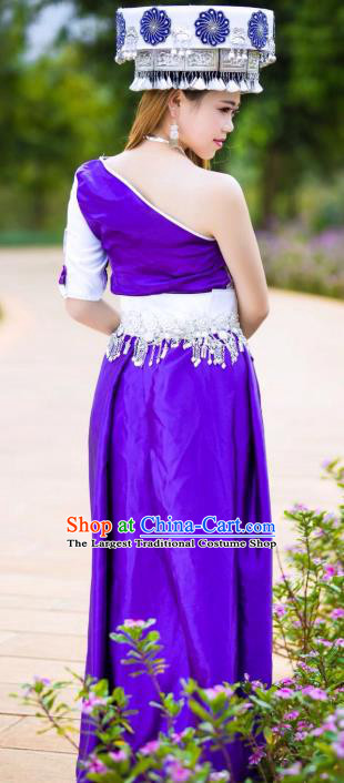 Top Grade Miao Ethnic Female Apparels Minority Folk Dance Clothing China Nationality Purple Long Dress with Headpiece