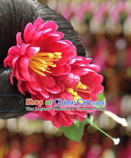 China Handmade Red Chrysanthemum Hair Stick Ethnic Wedding Hair Accessories Miao Minority Nationality Women Headwear