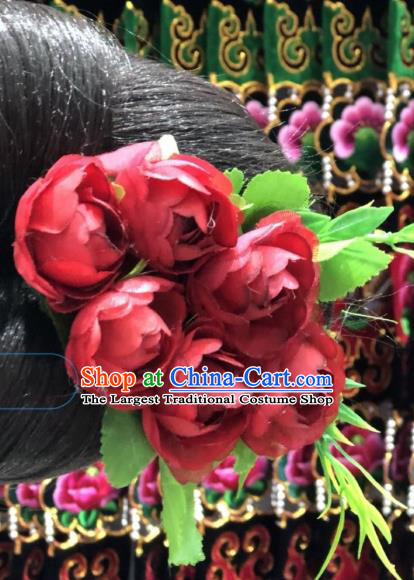 Chinese Miao Minority Wedding Women Red Roses Hair Stick Handmade Ethnic Bride Hair Accessories