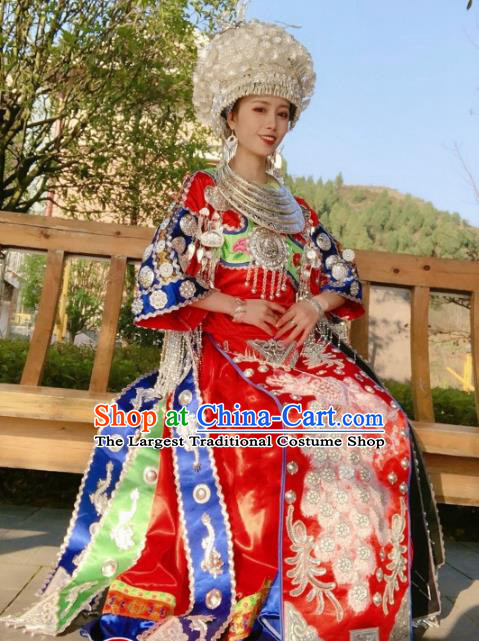 China Minority Embroidered Red Blouse and Skirt Traditional Ethnic Bride Apparels Miao Nationality Wedding Clothing with Headwear