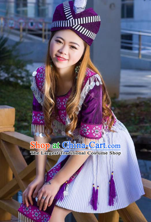 China Ethnic Female Purple Blouse and Short Pleated Skirt Yunnan Miao Minority Clothing and Hat