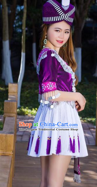 China Ethnic Female Purple Blouse and Short Pleated Skirt Yunnan Miao Minority Clothing and Hat