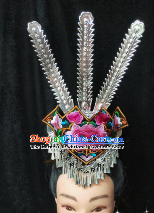 China Miao Nationality Embroidered Hair Crown Handmade Ethnic Minority Hair Accessories Bride Silver Phoenix Coronet