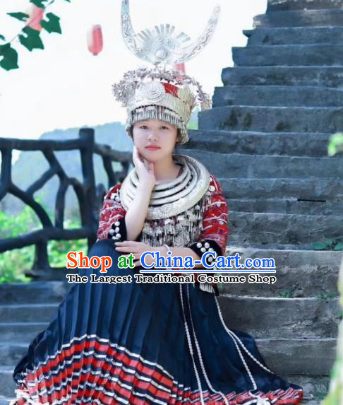 China Miao Minority Embroidered Blouse and Skirt Traditional Nationality Folk Dance Apparels Ethnic Festival Clothing with Headwear