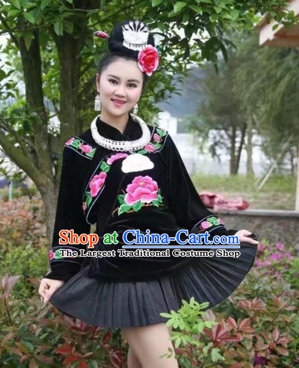 China Traditional Folk Dance Apparels Ethnic Women Clothing Leishan Miao Minority Embroidered Black Blouse and Short Skirt