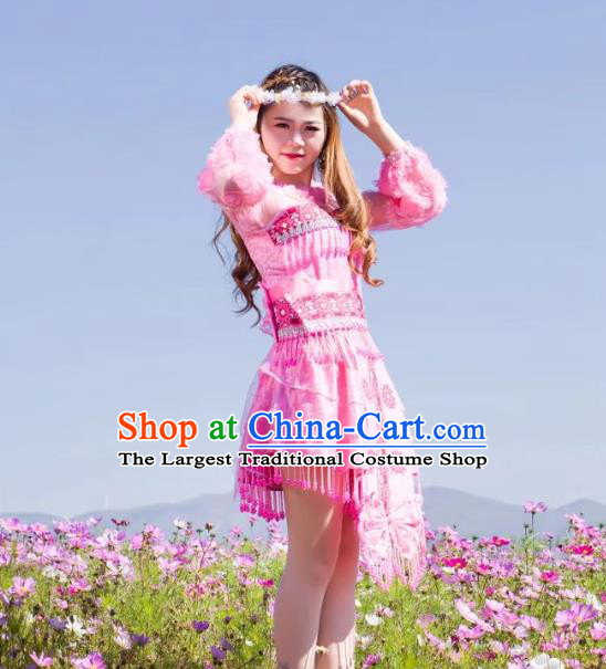 Custom China Minority Costume Yunnan Wenshan Miao Ethnic Female Pink Dress with Round Hat