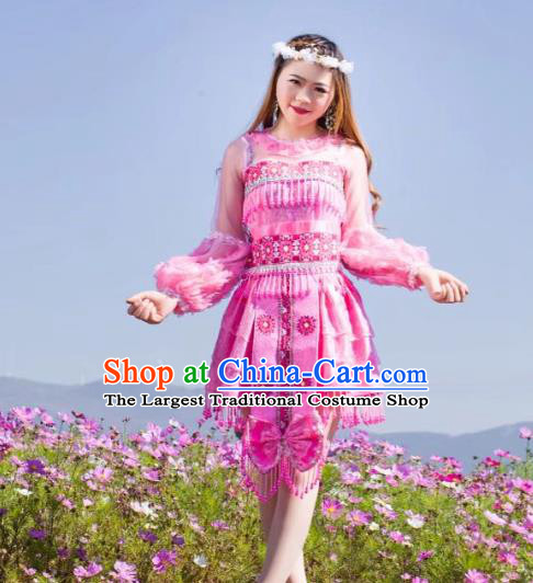 Custom China Minority Costume Yunnan Wenshan Miao Ethnic Female Pink Dress with Round Hat