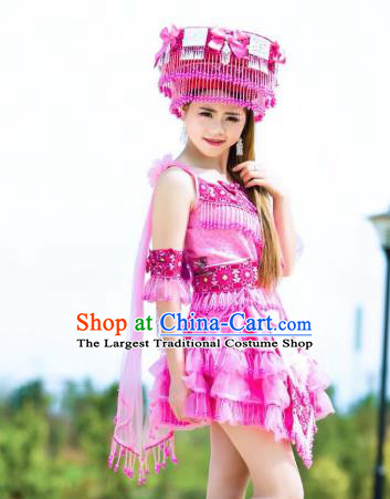 Top Grade Stage Performance Clothing Ethnic Folk Dance Apparels China Miao Minority Women Pink Costume with Rosy Beads Tassel Headwear