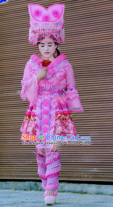 Custom Yunnan Ethnic Wedding Dress Top Quality China Miao Minority Bride Rosy Costume and Hat for Women