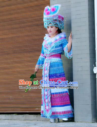 Top Quality Yunnan Yi Ethnic Wedding Blue Dress China Minority Bride Costume and Headdress