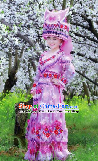 China Ethnic Bride Apparels Tujia Minority Women Pink Costume Top Grade Stage Performance Clothing with Headpieces