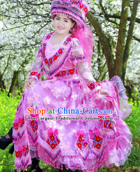China Ethnic Bride Apparels Tujia Minority Women Pink Costume Top Grade Stage Performance Clothing with Headpieces