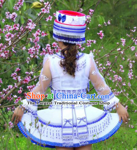 China Wenshan Miao Ethnic Beauty Apparels Minority Women Costume Folk Dance Blouse and Short Skirt with Hat