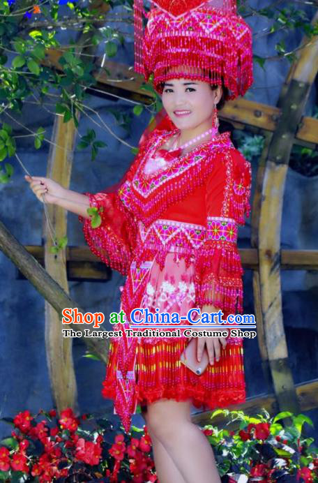 China Ethnic Traditional Festival Clothes Wedding Red Dress Miao Minority Folk Dance Costume and Hat