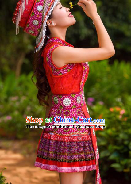 Guizhou Yao Minority Folk Dance Red Short Dress China Traditional Ethnic Women Clothing with Hat